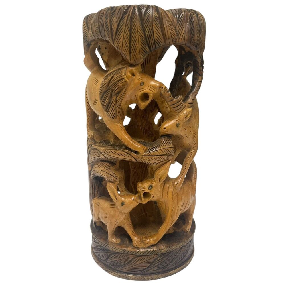 Vintage Hand Carved Round Hunting Shikar Wooden Figurine Animals Forrest